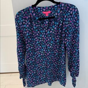 Women's Navy Floral Tie-Sleeve Blouse